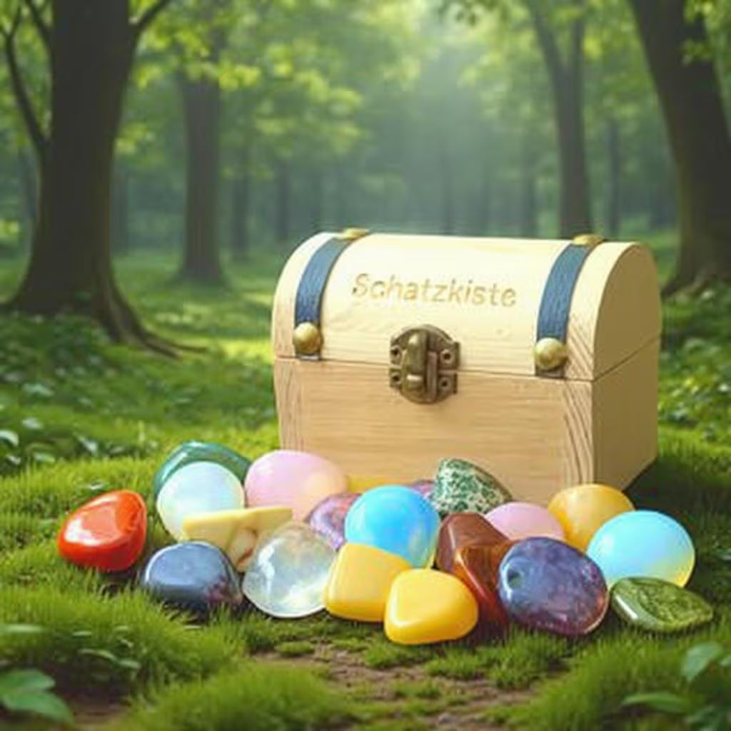 Edelstein Schatzkiste – 18–22 Trommelsteine, Größe M, Kindergeburtstag