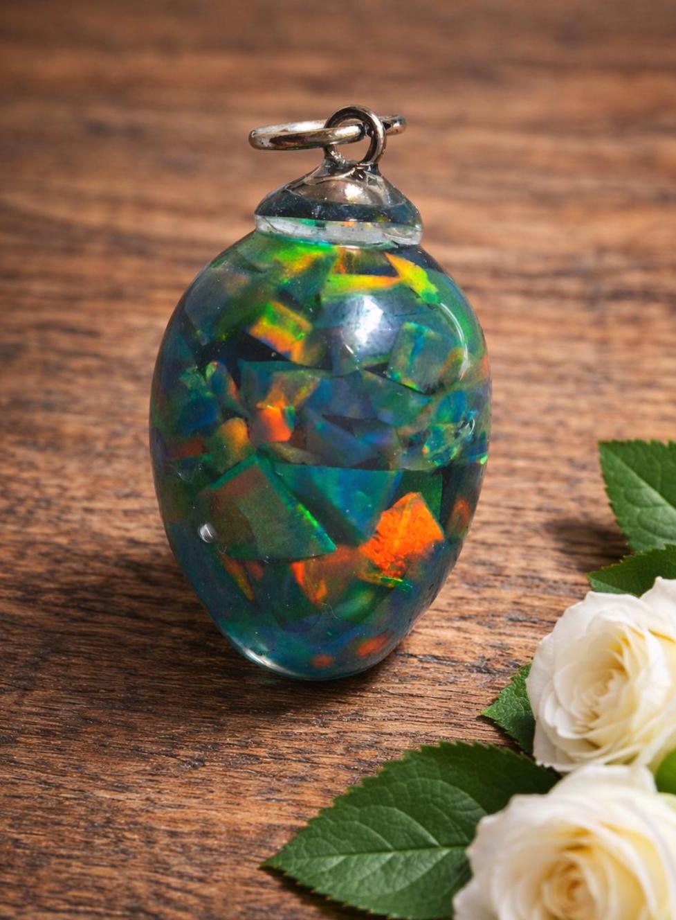 Synthetischer Opal Anhänger – Schimmerndes Farbspiel in Blau, Grün & Orange, 2,5 × 1,5 cm