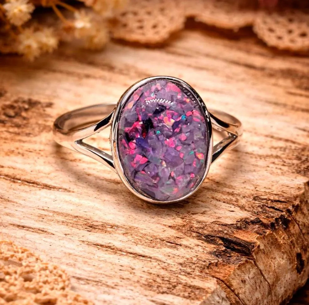 Silberring mit lila Regenbogenopal – Verstellbar | 925 Silber