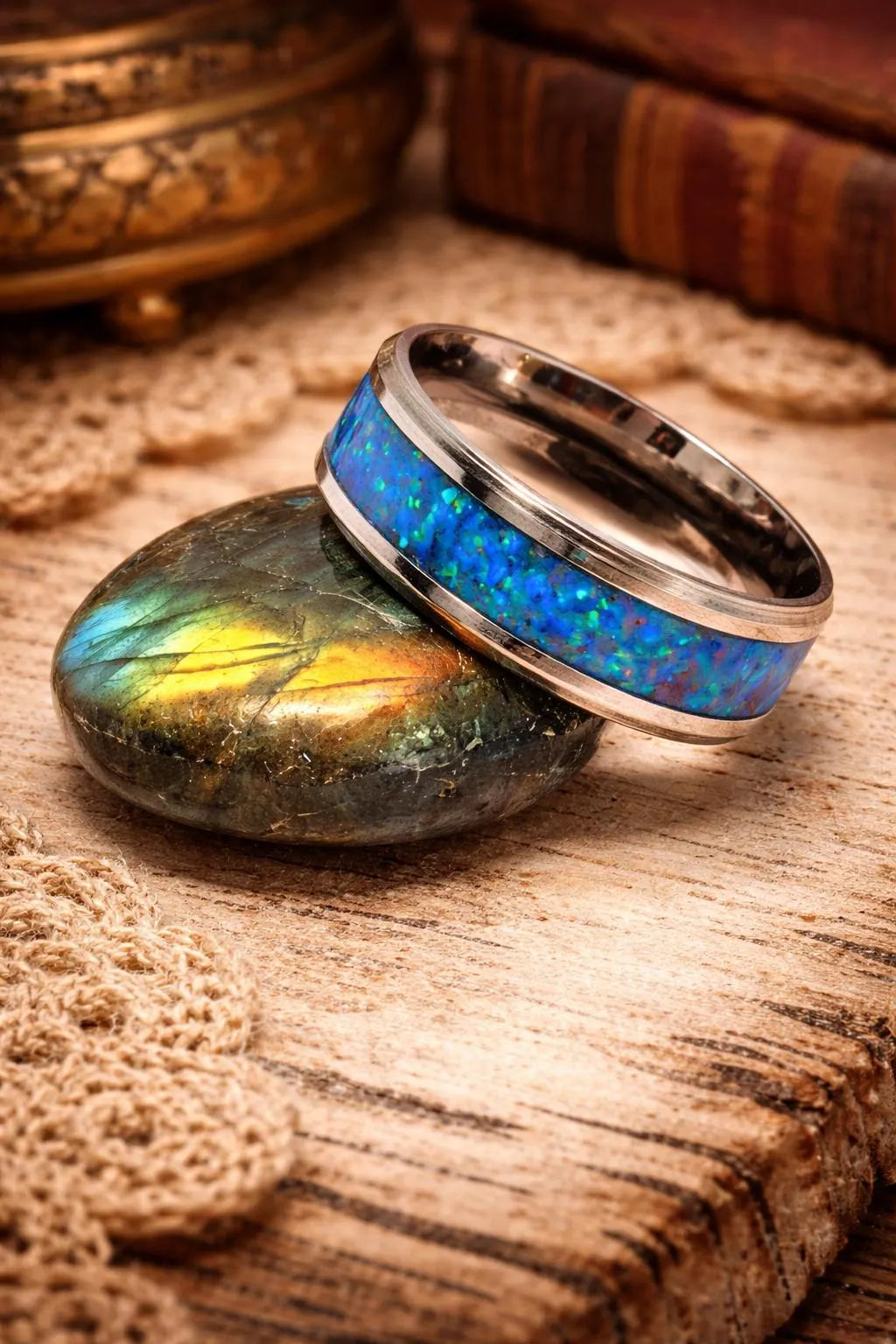 Edelstahlring mit Regenbogenopal – Blau