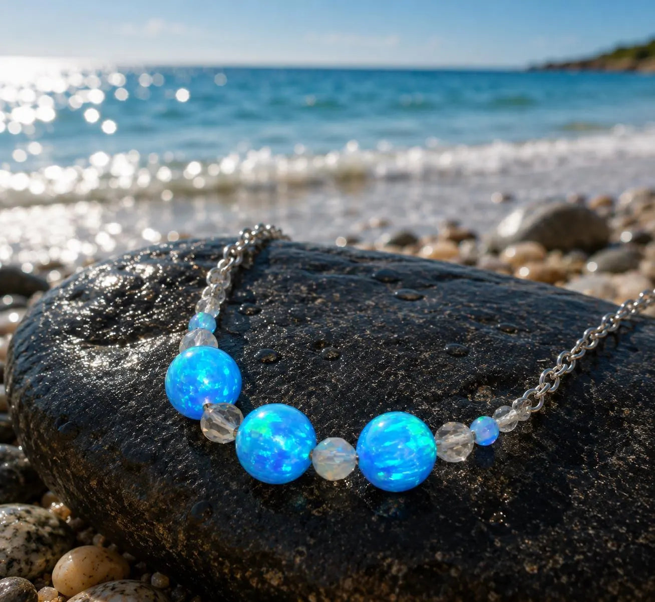 Opalperlen Kette – synthetischer Opal, Zirkon & Opalith, 52 cm, Edelstahl