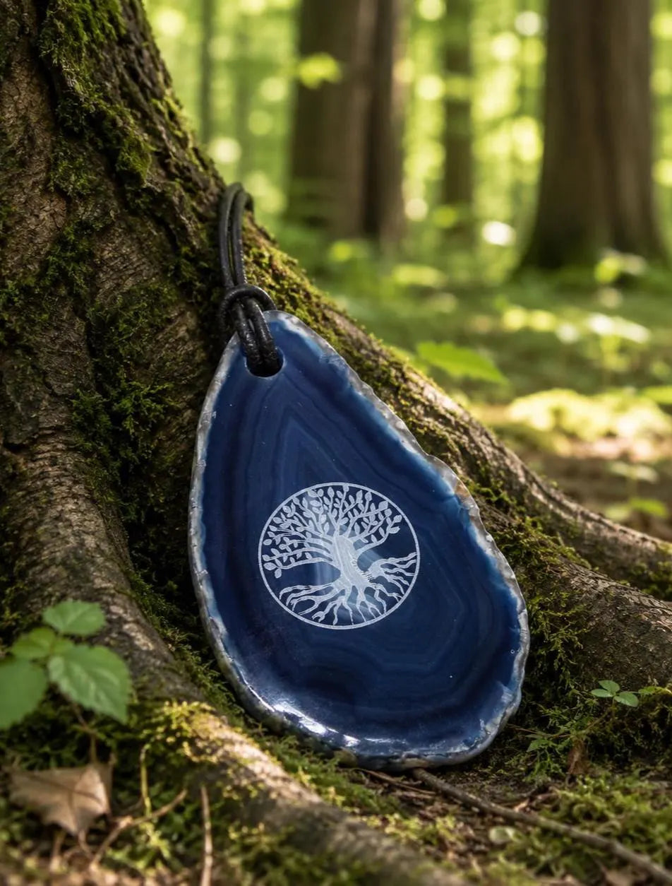 Blauer Achatanhänger mit Lebensbaum – Naturstein Schmuck