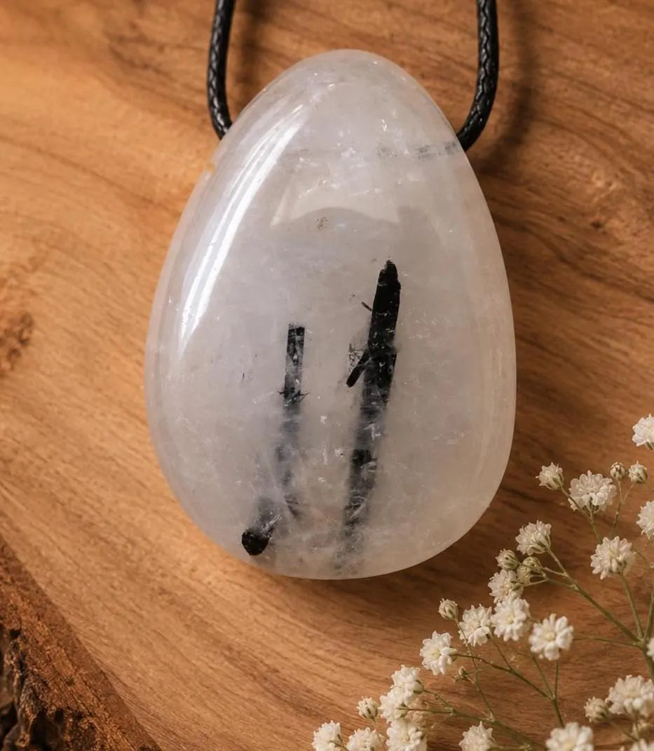 Turmalin-Quarz Anhänger – Schörl mit Quarz, Lochstein, 32 × 22 mm | Elassteine
