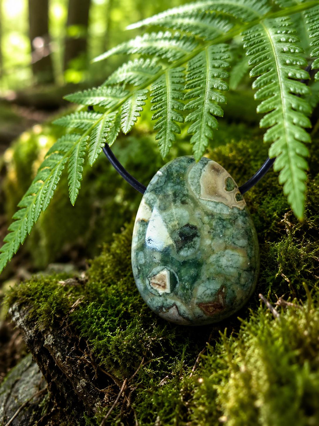 Regenwald Rhyolith Anhänger – Vulkangestein am Lederband, ca. 3 × 2 cm | Elassteine