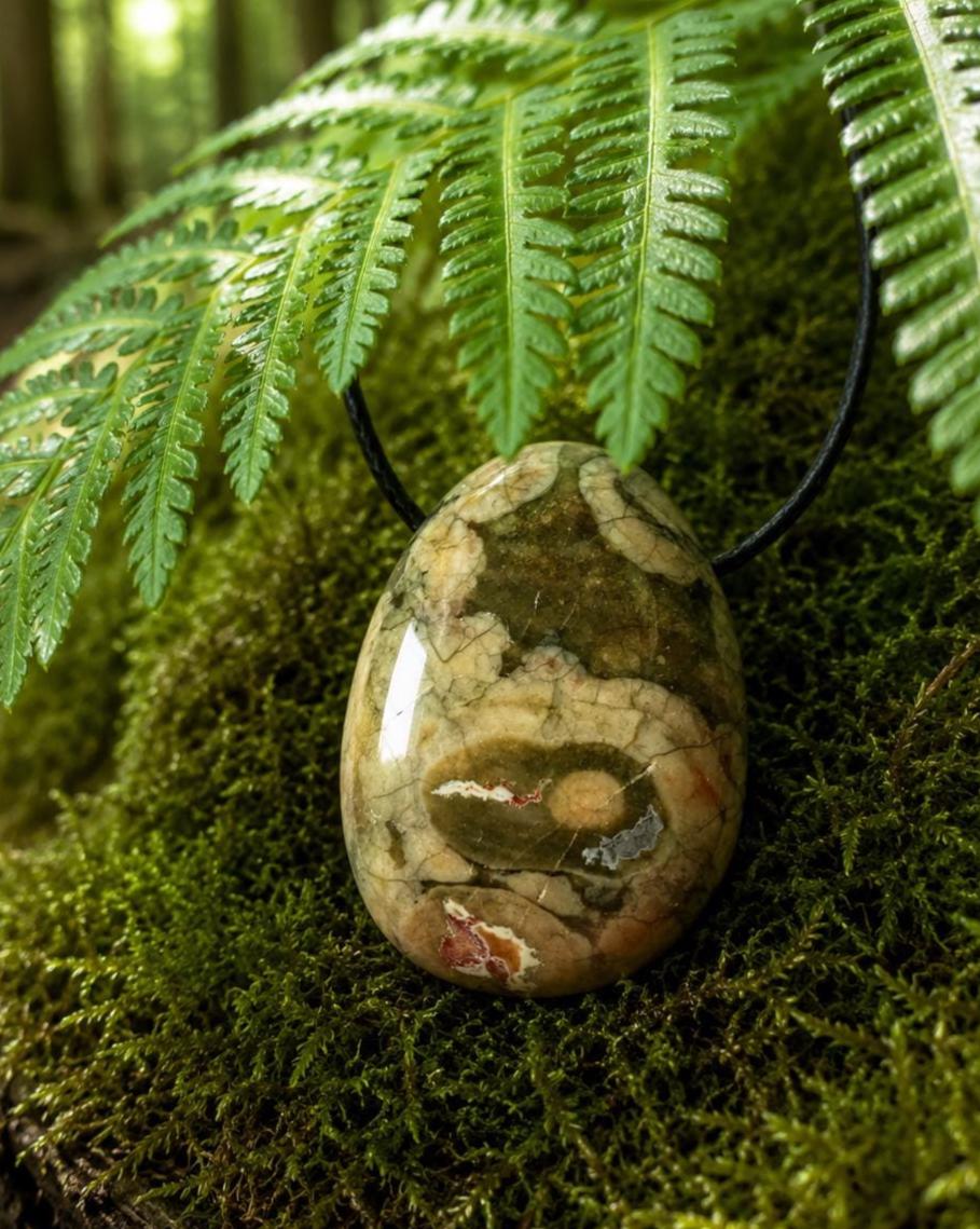 Regenwald Rhyolith Anhänger – Vulkangestein am Lederband, ca. 3 × 2 cm | Elassteine