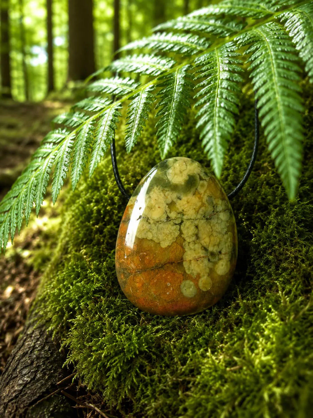 Regenwald Rhyolith Anhänger – Vulkangestein am Lederband, ca. 3 × 2 cm | Elassteine