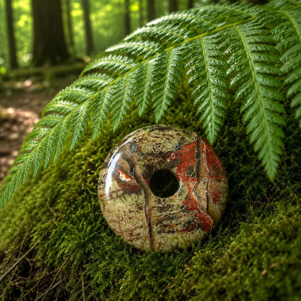 Flower Rhyolith Donut Anhänger am Lederband – Vulkangestein, Ø 4 cm