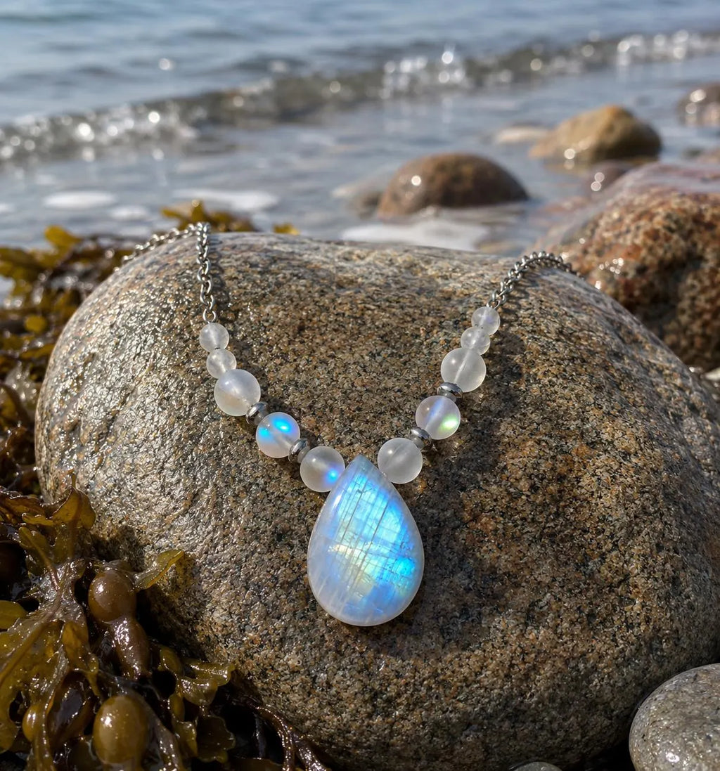 Regenbogenmondstein Kette – Mondsteinperlen & Edelstahl, 56 cm