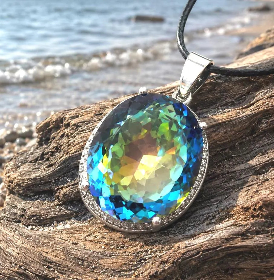Mystic Topaz Zirkon Anhänger facettiert – 925 Silber mit Band, 40×21 mm