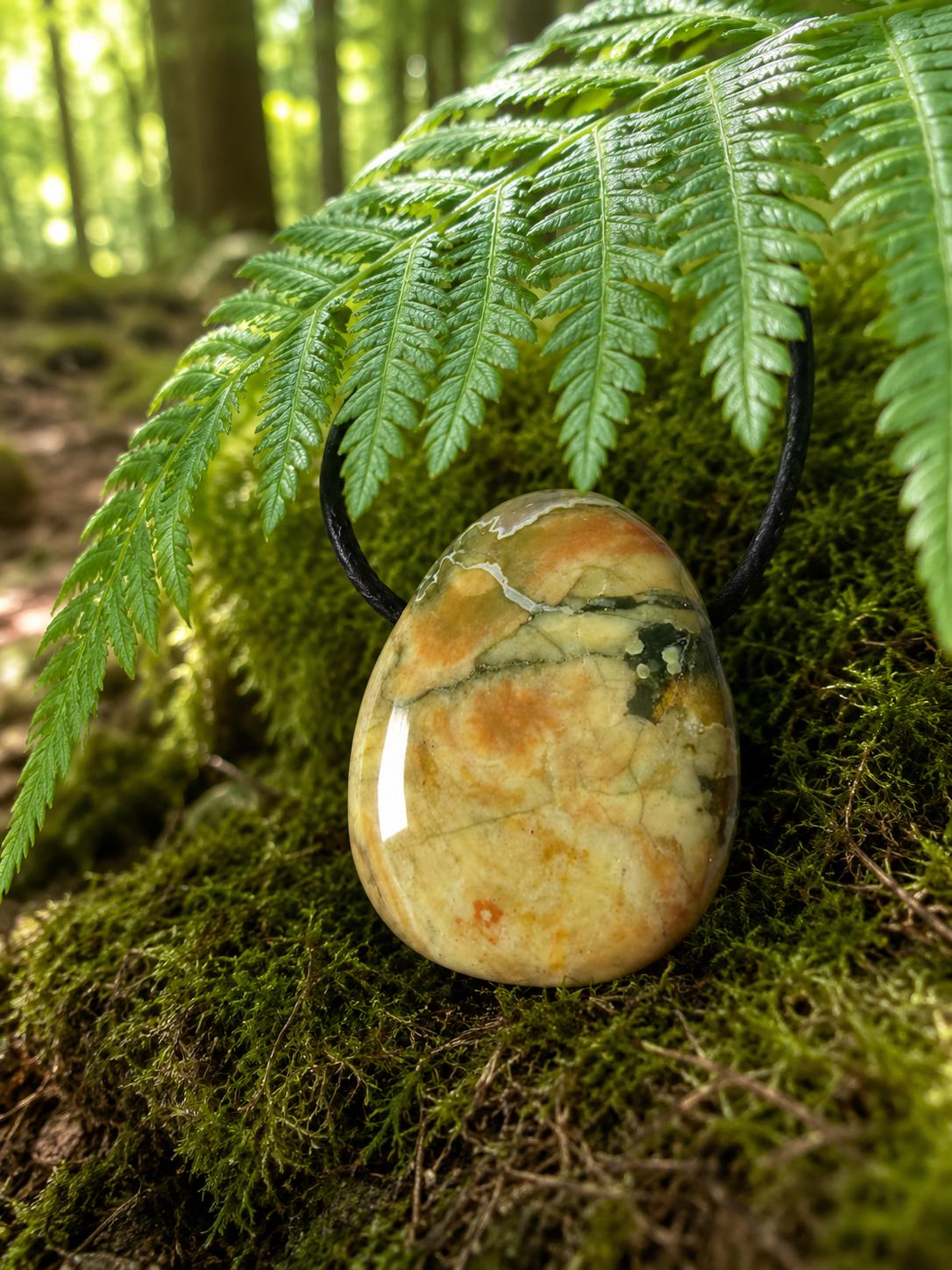 Regenwald Rhyolith Anhänger – Vulkangestein am Lederband, ca. 3 × 2 cm | Elassteine