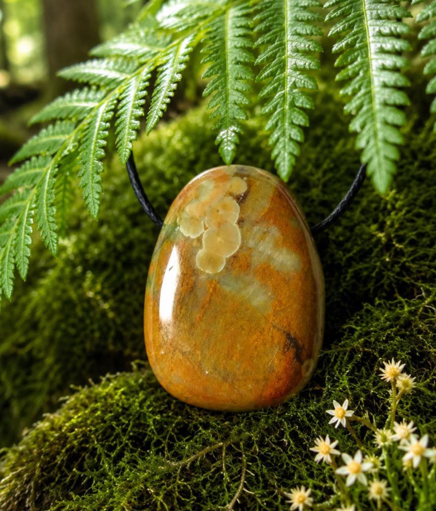 Regenwald Rhyolith Anhänger – Vulkangestein am Lederband, ca. 3 × 2 cm | Elassteine