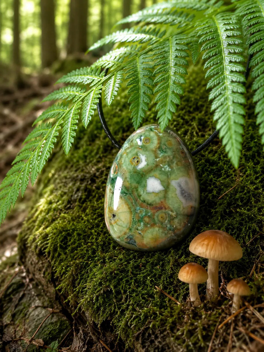 Regenwald Rhyolith Anhänger – Vulkangestein am Lederband, ca. 3 × 2 cm | Elassteine