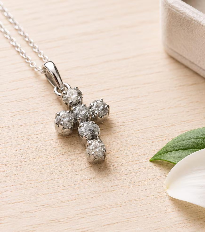 Diamant Kreuz Anhänger 925 Silber – 6 echte Rohdiamanten mit Edelstahlkette